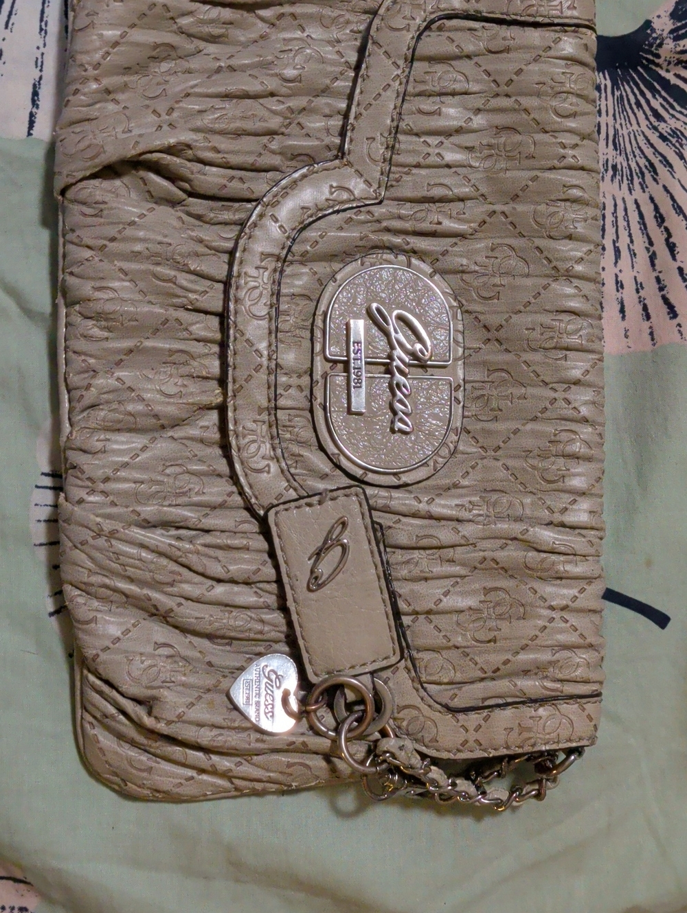Guess Taupe Quilted Logo Chain Clutch
